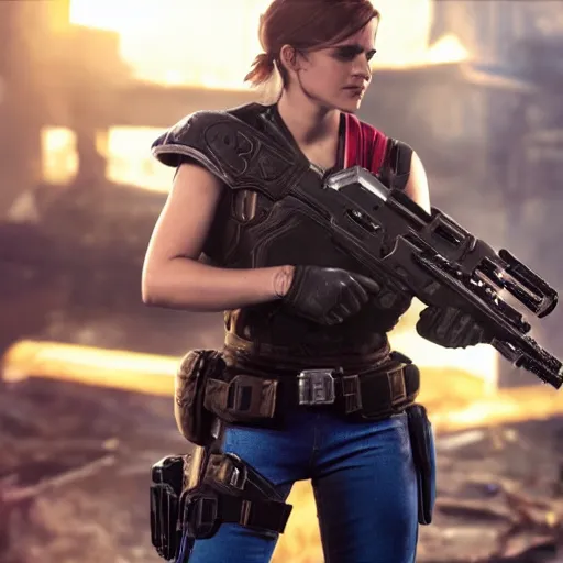 Image similar to emma watson as super mario super mario in gears of war destiny 2, splash art, movie still, cinematic lighting, dramatic, octane render, long lens, shallow depth of field, bokeh, anamorphic lens flare, 8 k, hyper detailed, 3 5 mm film grain