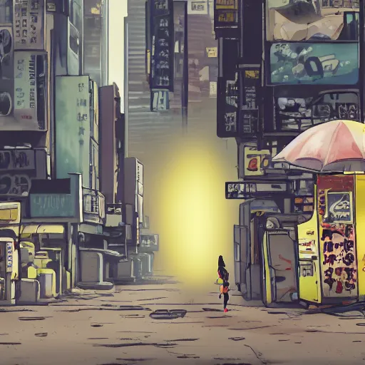 Image similar to incredible wide screenshot, ultrawide, simple watercolor, rough paper texture, ghost in the shell movie scene, backlit distant shot of girl in a parka running from a giant robot invasion side view, yellow parasol in deserted dusty shinjuku junk town, broken vending machines, bold graphic graffiti, old pawn shop, bright sun bleached ground, mud, fog, dust, windy, scary robot monster lurks in the background, ghost mask, teeth, animatronic, black smoke, pale beige sky, junk tv, texture, brown mud, dust, tangled overhead wires, telephone pole, dusty, dry, pencil marks, genius party,shinjuku, koji morimoto, katsuya terada, masamune shirow, tatsuyuki tanaka hd, 4k, remaster, dynamic camera angle, deep 3 point perspective, fish eye, dynamic scene