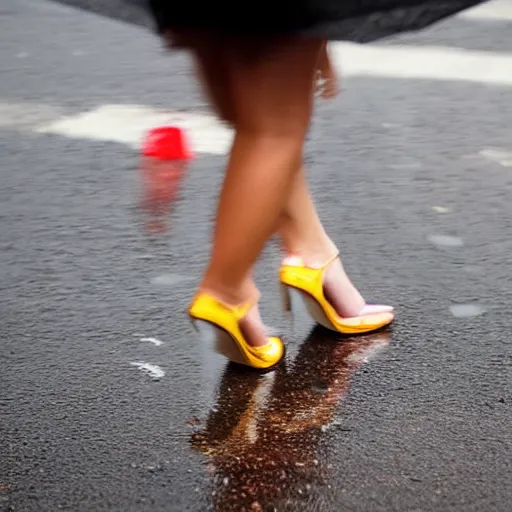 Prompt: closeup of a high-heel shoe worn by a female as she steps into a shallow rain puddle on a busy crosswalk, by David Schluss