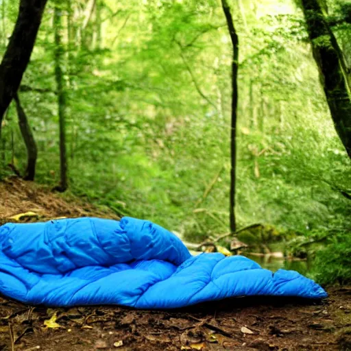 Image similar to a sleeping bag by a small creek in a forest