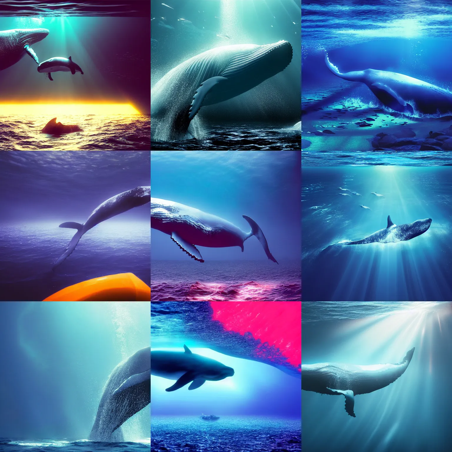 Prompt: a huge whale with flourescent skin in underwater ocean, epic, cinematic shot, volumetric light, atmosphere