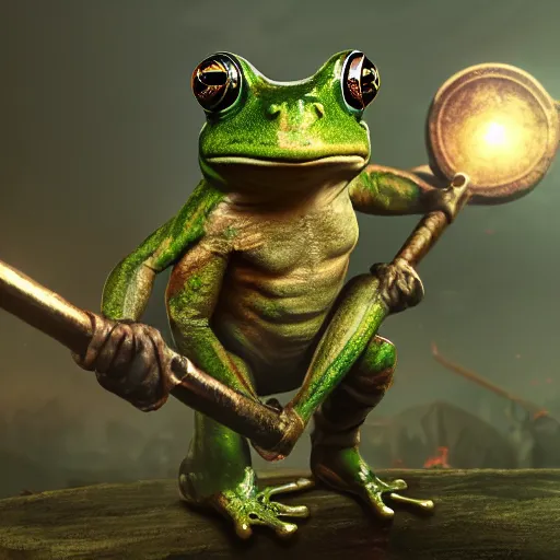 Prompt: a frog warrior with armour standing on two feet and lifting weights, cinematic lightning, artstation, hyperrealistic, extremely detailed, 8 k, trending, matte painting,