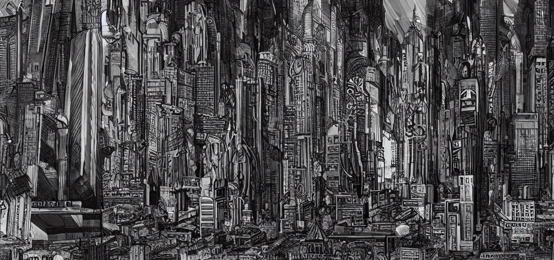 Prompt: a cityscape in the style of H.R. Giger meets Syd Mead