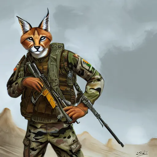 Prompt: very very beautiful furry art, male cute caracal wearing desert camo combat uniform, commission on furaffinity, highly detailed digital art, vibrant colors, glossy feathers