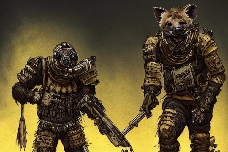 Image similar to a good ol'hyena fursona ( from the furry fandom ), heavily armed and armored facing down armageddon in a dark and gritty version from the makers of mad max : fury road. witness me.