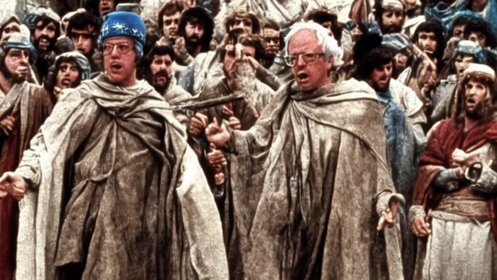 Image similar to a film still of bernie sanders as brian in monty python's life of brian ( 1 9 7 9 )