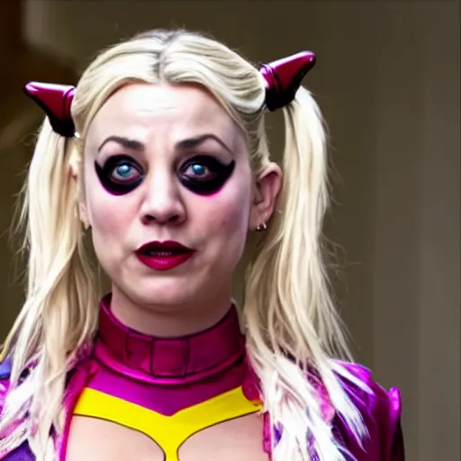 Image similar to A still of Kaley Cuoco as Harley Quinn