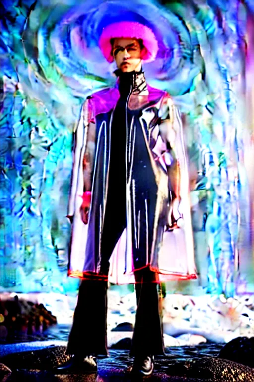 Image similar to an ultra high definition professional high fashion portrait studio full length photograph of a model wearing a transparent pearlescent raincoat and neon visor in an icelandic black rock environment at dawn. no artefacts. extremely detailed. stark. refraction. shallow depth of field. volumetric light and shadow. ray tracing. light rays.