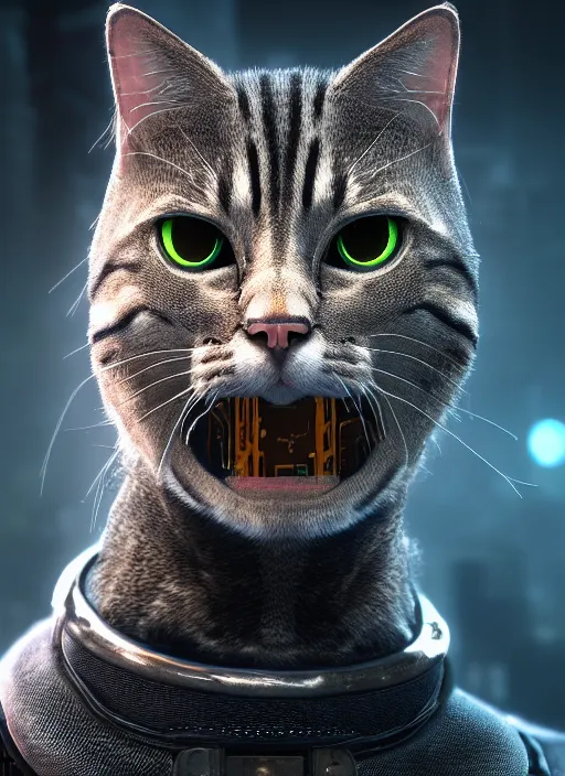 Image similar to 35mm portrait of a sophisticated intricate terminator feline cat head. Fantasy cyberpunk. Sharp. Unreal Engine. Cinematic post-processing