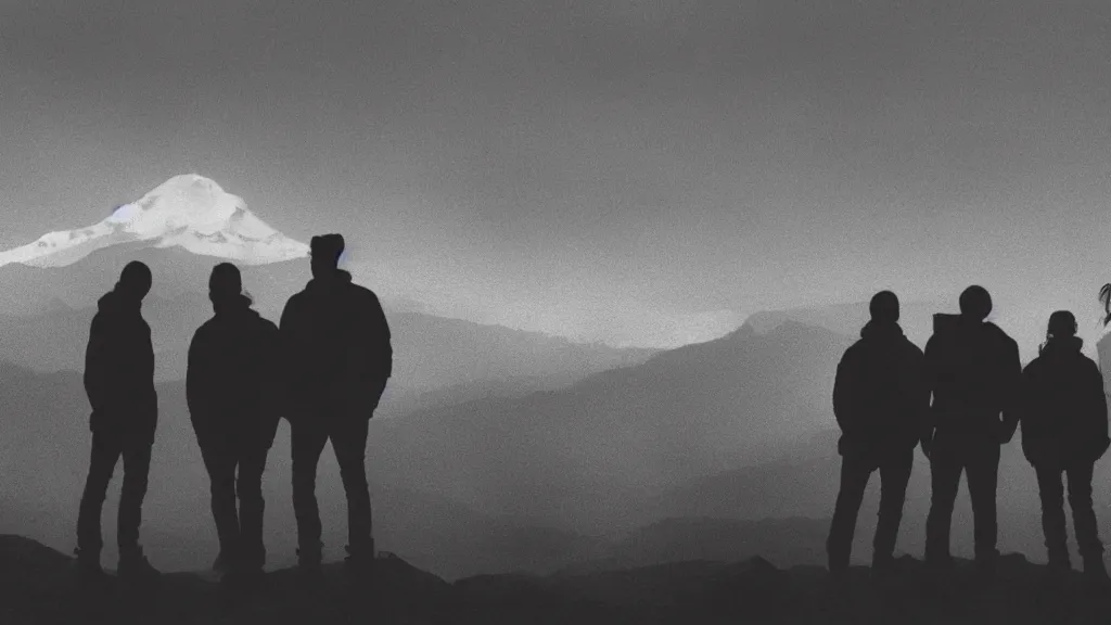 Prompt: film still of the silhouette of four members of a rock band in the altiplanic plain with the illimani in the background, by andrei tarkovski, mysterious foggy atmosphere, orthochromatic look filter, cinematic photography, 3 5 mm, highly detailed, 4 k