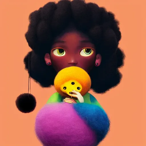 Prompt: a black princess girl with a colorful afro and big beautiful eyes playing with her furry pet, bright colours, watercolor, volumetric wool felting, macro photography, children illustration, by goro fujita