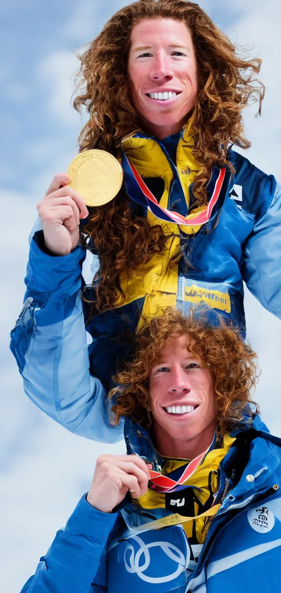 Image similar to high quality photograph of shaun white holding a gold medal with blue sky above him, rule of thirds, upper body shot, high quality, portrait image, nikon d 7 8 0