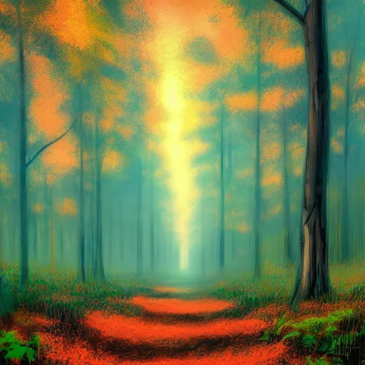 Image similar to A forest in the art style of Alena Aenami, Marcel Marcel and Metzinger