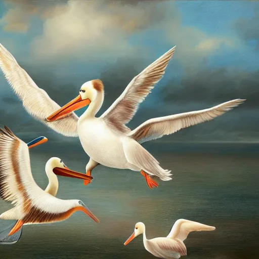 Image similar to a corgi learning to fly with pelicans, oil on canvas, intricate, 8k highly professionally detailed, HDR, CGsociety