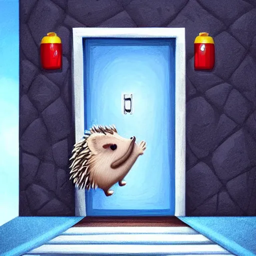 Image similar to cute adorable hedgehog opening the door, waving, smiling, cute, hedgehog, by cyril rolando