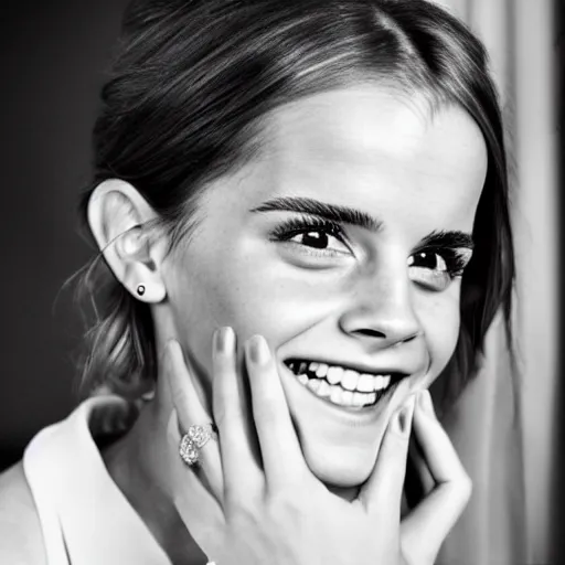 Image similar to A photo of laugh emma watson showing wedding ring on his finger. 50 mm. perfect ring. award winning photography