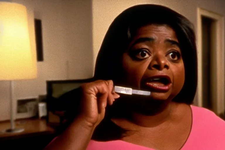 Prompt: cinematic shot from a 1 9 8 5 paranoid thriller, screenshot of octavia spencer removes a small hearing device with tweezers from her left ear, apartment set in the near future, film directed by stanley kubrick, anamorphic lenses, color theory, apartment design, leading lines, photorealistic, volumetric lighting