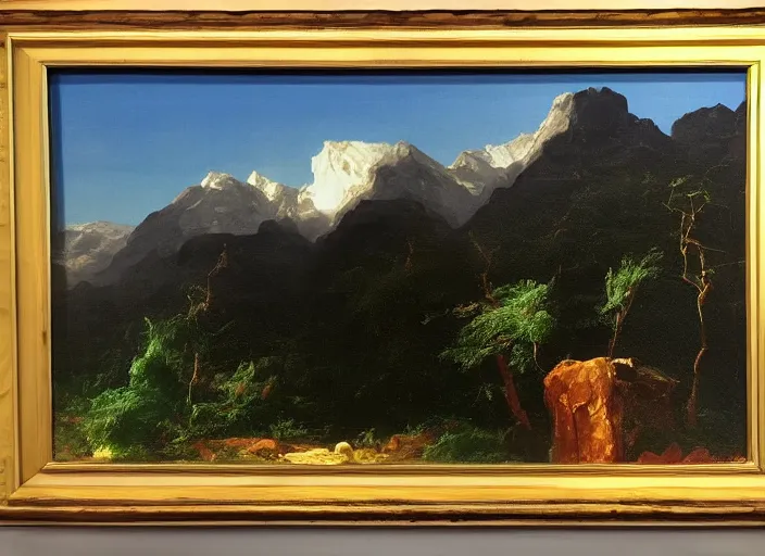 Image similar to painting of a modern minimalist sculpture in front of beautiful mountains by thomas cole