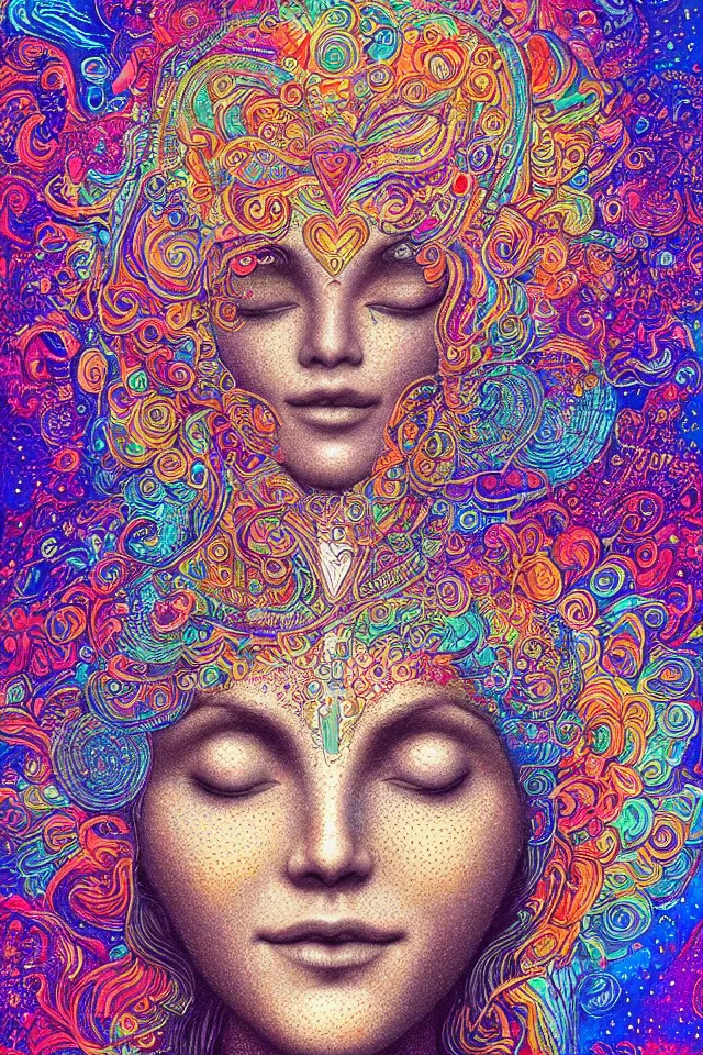 Image similar to a happy beautiful wise spirit goddess in the shape of a heart, meditation, 3 2 k resolution, good vibes, perfect lighting, billions of details, pointillism, fabric embroidery, stunning artwork, android jones, trending on artstation, award winner