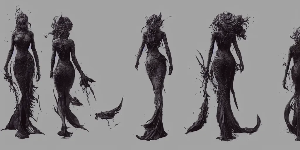 Image similar to gothic mermaid character detail designs, Greg Rutkowski, character sheet, kim jung gi, Darek Zabrocki, Karlkka, Jayison Devadas, Phuoc Quan, trending on Artstation, 8K, ultra wide angle, pincushion lens effect