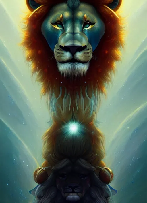 Prompt: symmetry!! leo the lion!!!! highly detailed, high contrast, light reflection, trippy, nebula, trending on art station by artgem, by peter mohrbacher, by wlop, by ruan jia