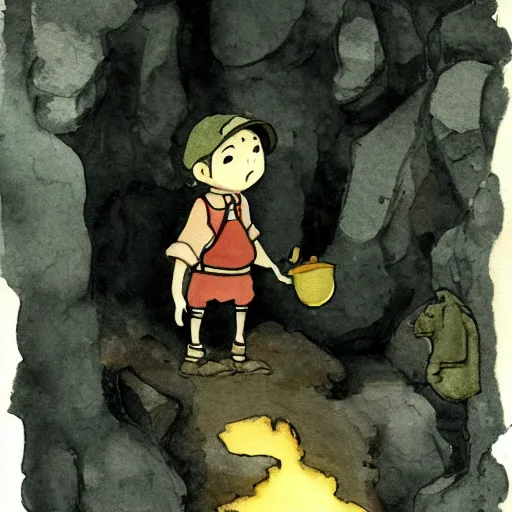 Image similar to dwarf mining for gold in a sparkling dark cave, from studio ghibli, watercolor illustration for a book, proportions, legs of the hand