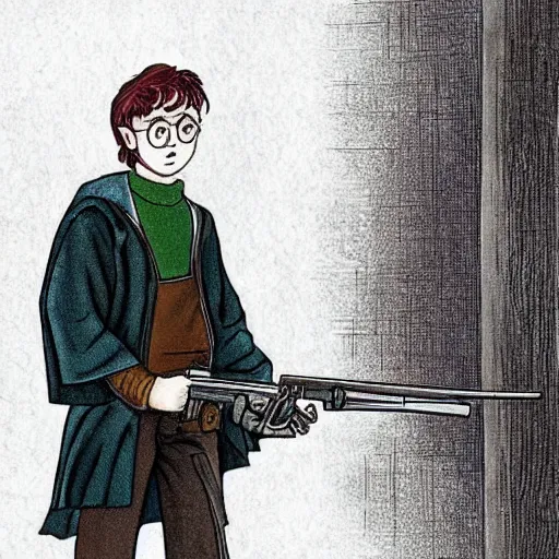 Image similar to harry potter robbing a bank, holding rifle in style of gra v