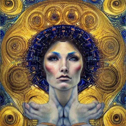 Image similar to Divine Chaos Engine portrait by Karol Bak, Jean Deville, Gustav Klimt, and Vincent Van Gogh, celestial, sacred geometry, visionary, fractal structures, ornate realistic gilded medieval icon, spirals, mystical