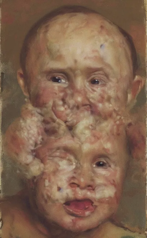 Image similar to Putin as a baby eating used up diapers covered in brown substance, Putin portrait, face of fear, ugly body painted by Lucian Freud, Ilya Repin