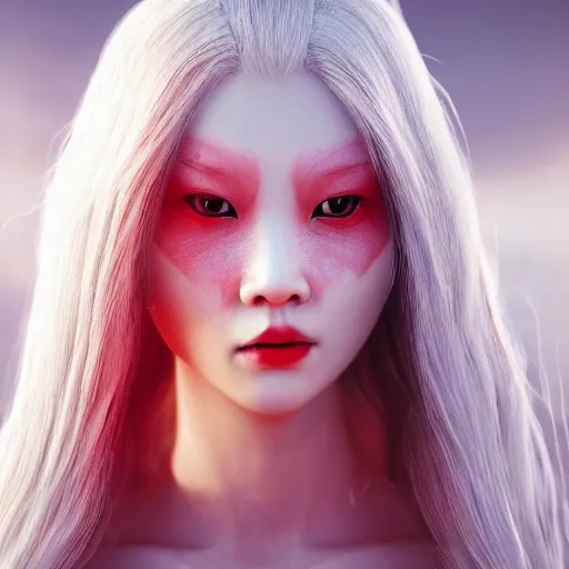 Image similar to beautiful albino Asian girl red and white armor, unreal engine octane, colorful, portrait, gliter, depth of field, 8k, epic light