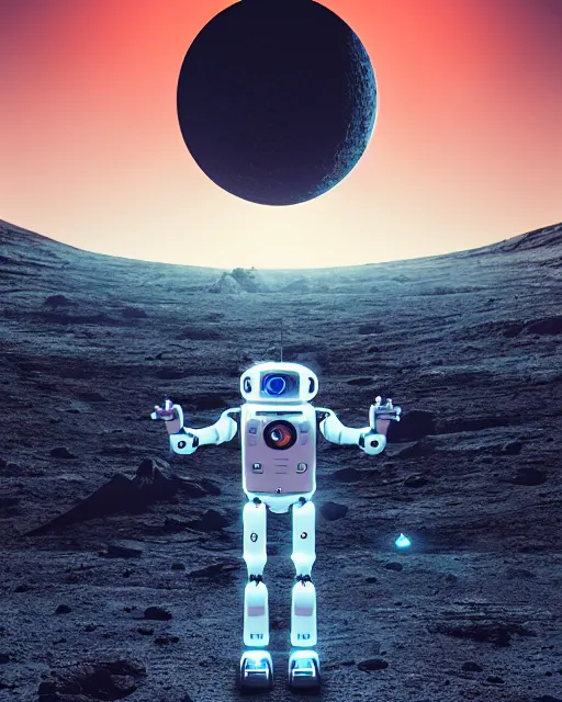 Image similar to a robot standing in front of a glowy open door that's on a barren moon, poster art by mike winkelmann, trending on cg society, space art, sci - fi, ue 5, futuristic, volumetric lighting, light casting onto the ground, neat composition and camera angle