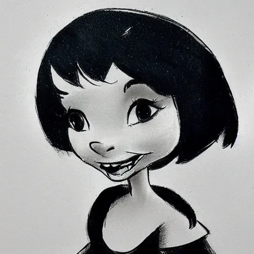 Image similar to milt kahl sketch of black hair cuban girl with dog nose