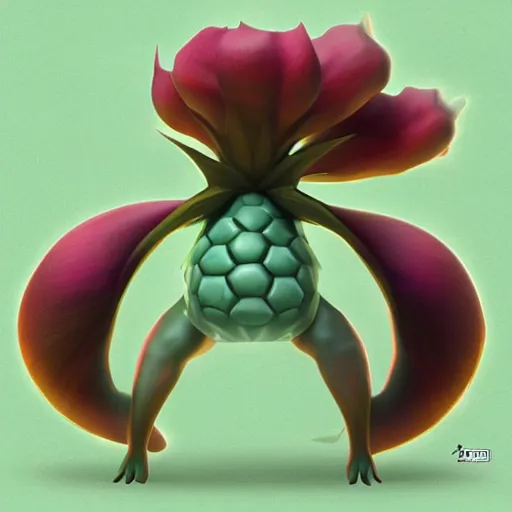 Image similar to a pokemon that looks like a nepenthes, with a pineapple hair, digital art. trending on art station, unreal engine.