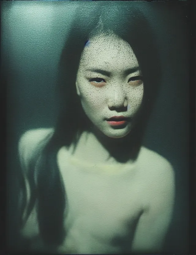 Image similar to polaroid photo with flash, portrait of a asian woman with glossy skin and wet hair in style of matrix, polaroid photo bleached strong lights, kodak film stock, hyper real, stunning moody cinematography, with anamorphic lenses, by maripol, detailed