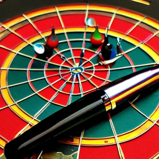 Prompt: fountain pen thrown at a dartboard