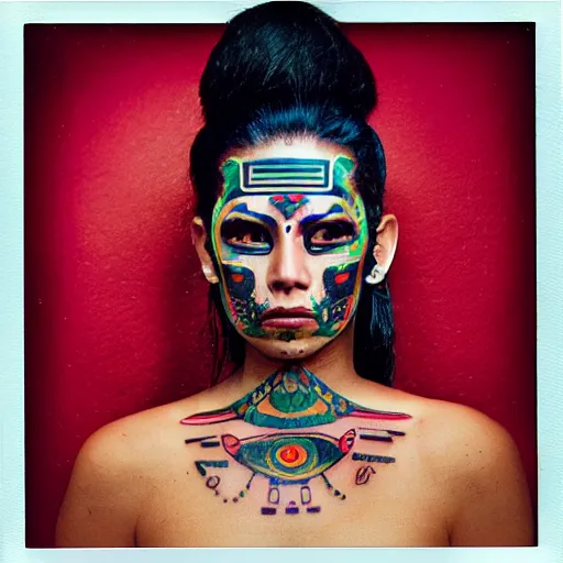 Prompt: polaroid cyberpunk mayan woman with face tattoos, slow flash sync