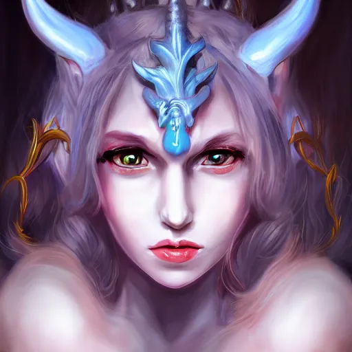 Prompt: portrait of demon queen with blue horns, anime girl, digital painting, devian art, trending on artstation, hd, 4 k