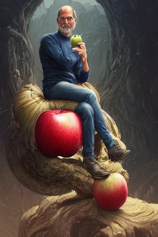 Image similar to ultra realistic illustration, steve jobs sitting on a giant apple, sci - fi, fantasy, intricate, elegant, highly detailed, digital painting, artstation, concept art, smooth, sharp focus, illustration, art by artgerm and greg rutkowski and alphonse mucha