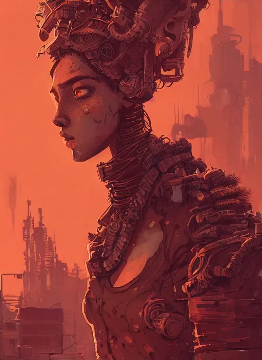 Image similar to highly detailed portrait of wasteland punk long curly fire hair tribal lady, stray wiring by atey ghailan, james gilleard, by joe fenton, by greg rutkowski, by greg tocchini, by kaethe butcher, 4 k resolution, gradient red, orange, black and white color scheme!!! ( ( flaming robotic dystopian city spiral background ) )