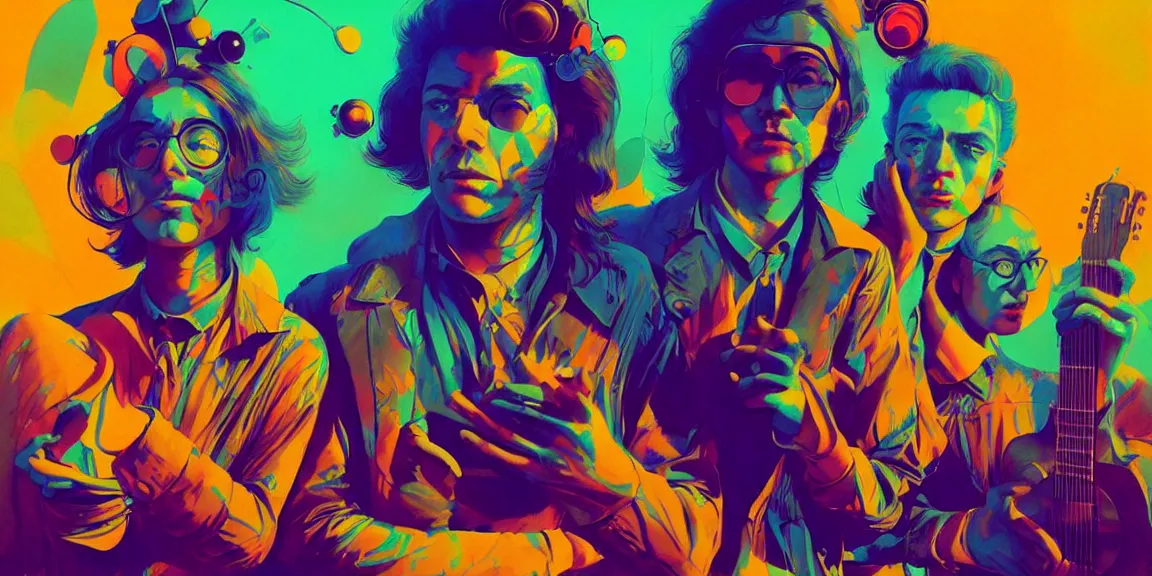 Image similar to duotone trippy 1 9 6 0 s lsd concept illustration of psychedelic hippy musicians. volumetric lighting. golden ratio accidental renaissance. by sachin teng and sergey kolesov and ruan jia and heng z. graffiti art, scifi, fantasy, hyper detailed. octane render. concept art. trending on artstation.