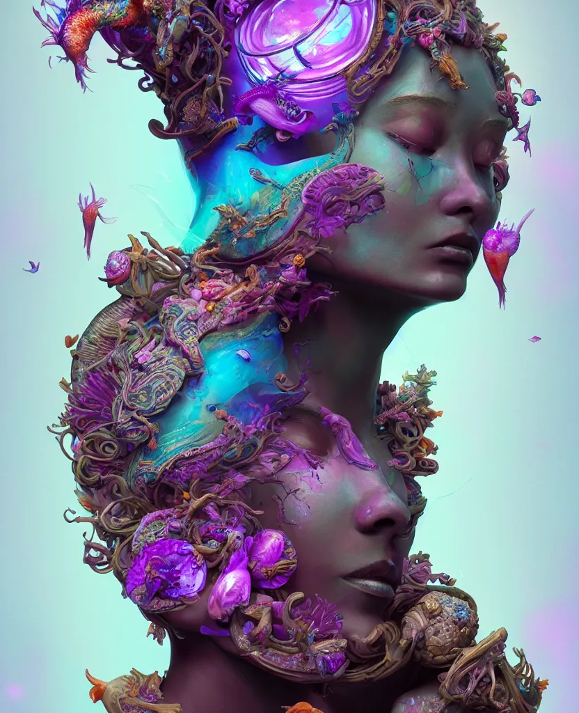 Image similar to goddess full color painted acryllic sculpture close-up portrait. orchid bird phoenix head, nautilus, skull, betta fish, bioluminiscent creatures, intricate artwork by Tooth Wu and wlop and beeple. octane render, trending on artstation, greg rutkowski very coherent symmetrical artwork. cinematic, hyper realism, high detail, octane render, 8k