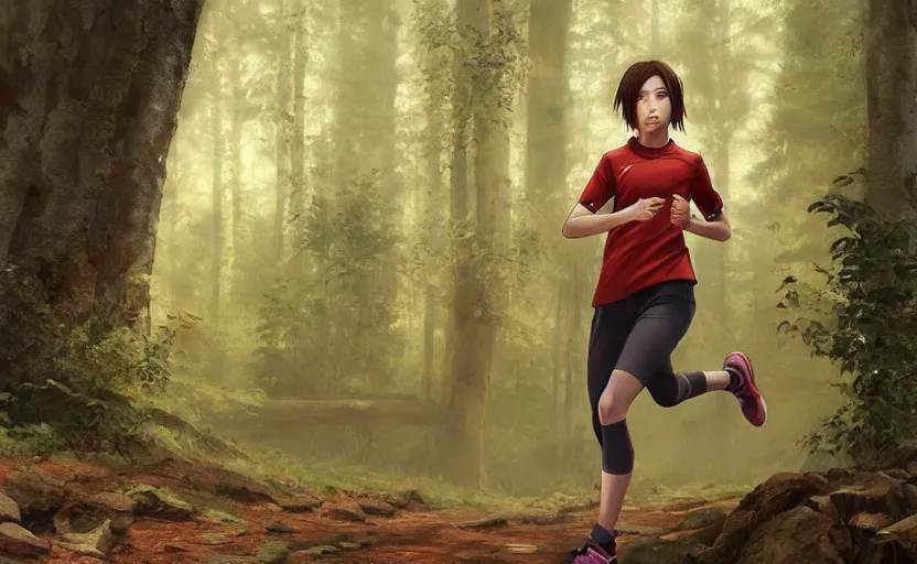 Prompt: a girl is running, red sport clothing, marathon in forest, anime style, brown short hair, hair down, symmetrical facial features, from arknights, hyper realistic, rule of thirds, extreme detail, detailed 4 k drawing, safebooru, realistic lighting, by alphonse mucha, greg rutkowski, backlit