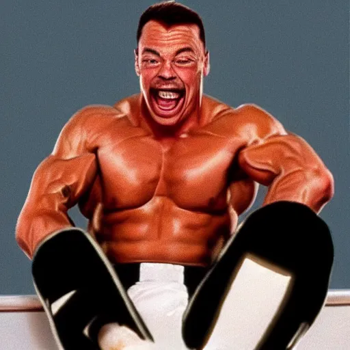 Prompt: hyperrealistic 1992 Jean Claude Vandamme doing the splits, laughing hysterically, doing the spilts with his legs going pointing two separate directions, between two chairs over a toilet, golden hour, smiling, award winning