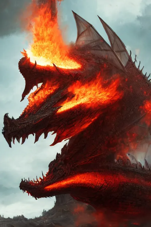 Prompt: a menacing ironclad dragon, breathing fire, highly detailed, 8 k