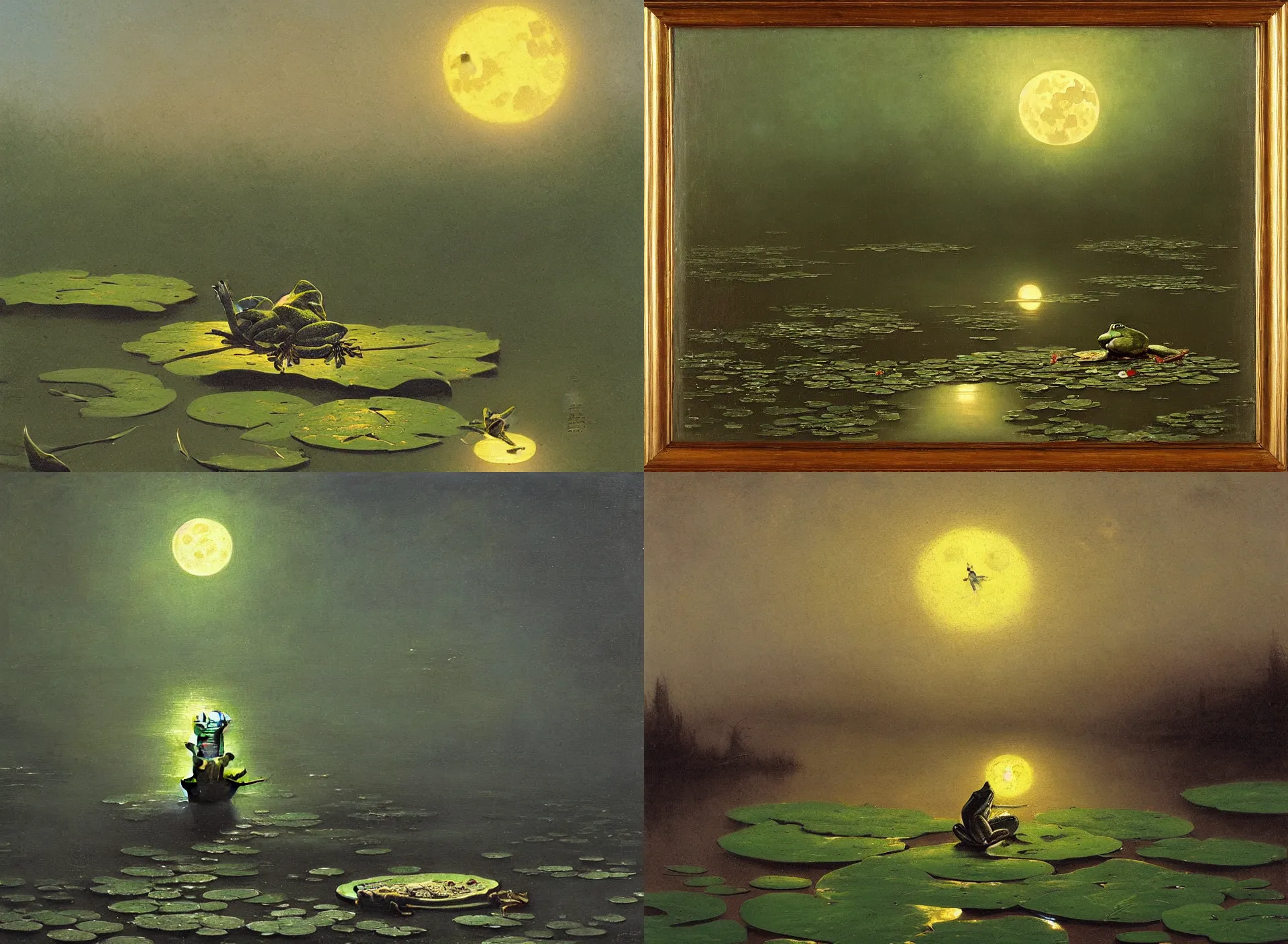 Prompt: frog sitting on a lily pad, illuminated by the moon, oil painting, albert bierdstadt