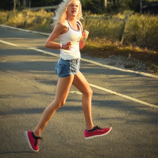 Prompt: a close up of 26 year old blonde attractive female in a tank top and jean shorts running away from zombies