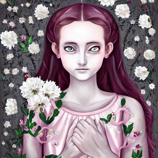 Image similar to renaissance, realistic, portrait of a creepy young lady pink cheeks wearing renaissance manga dress pale grey and white flowers skulls, background chaotic flowers