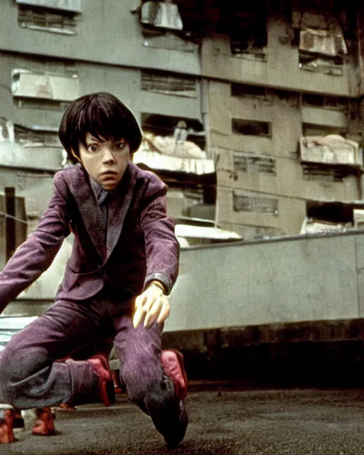 Image similar to color photo of young actor bud cort, from harold and maude, as tetsuo in american live action remake of akira, neo - tokyo, post apocalyptic, telekinesis, mutant psychic children, in the style of alex proyas, ridley scott, katsuhiro otomo