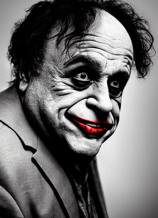 Image similar to photo of Danny Devito 2018 as the Joker by Lee Jeffries, head shot, detailed, award winning, Sony a7R, trending on artstation,