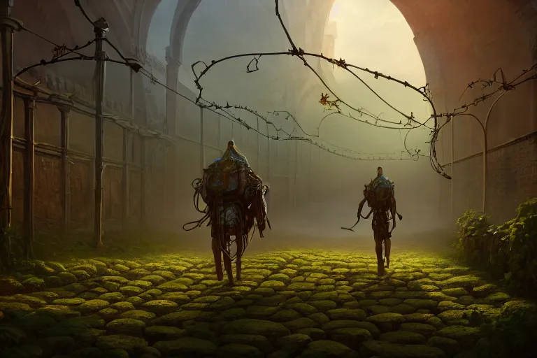 Image similar to a walking ancient city mounted on mechanical legs, vines, hyperrealistic, highly detailed, cinematic, single ray of sun, fog, beautiful, cgssociety, artstation, 8 k, oil painting